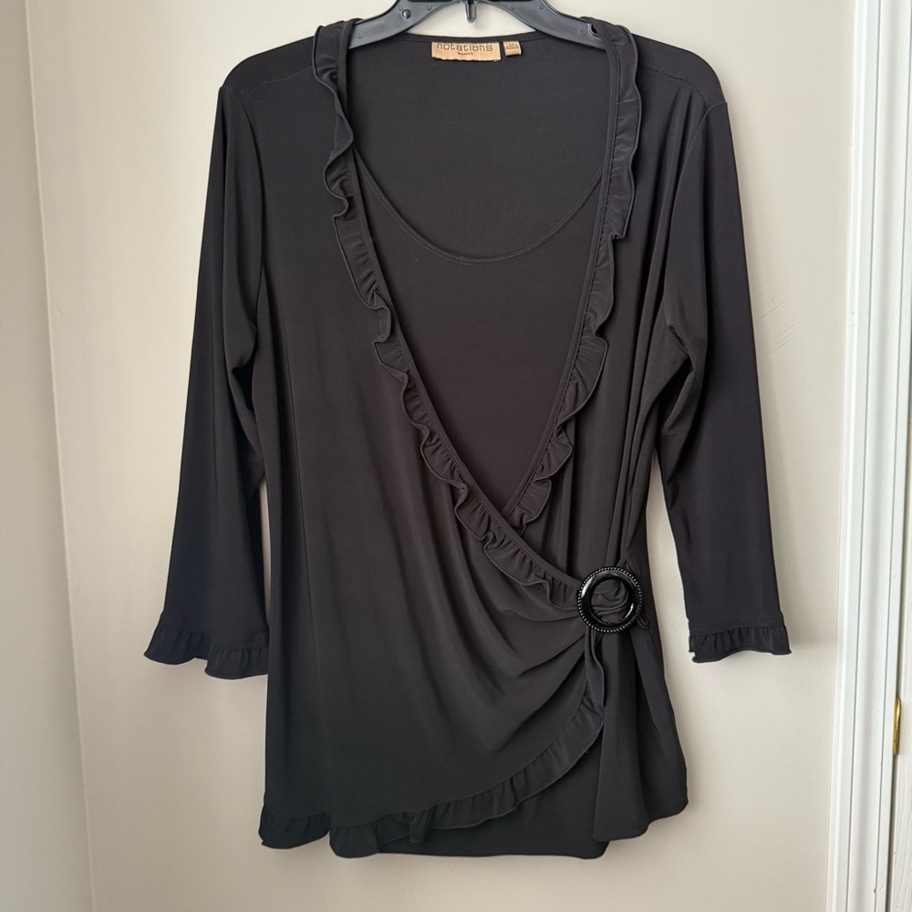 Notations Black Ruffled Wrap Top With Accent Buckle